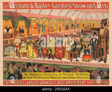 Poster del circo Barnum & Bailey vintage che mostra le prodigie senza pari dei fenomeni fisici, circa 1898. Foto Stock