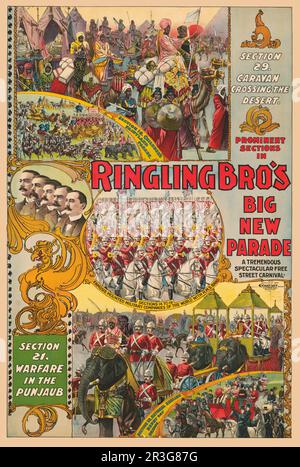 Poster del circo Vintage Ringling Brothers che mostra cinque parate separate, circa 1899. Foto Stock