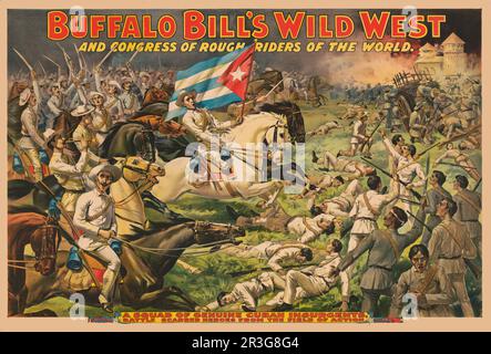 Stampa vintage della battaglia tra il congresso di Buffalo Bill di piloti grezzi e ribelli cubani, intorno al 1898. Foto Stock