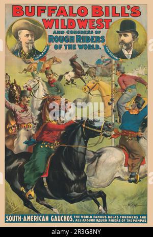 Poster vintage che mostra Gauchos sudamericano, i Throwers Bolas famosi in tutto il mondo, intorno al 1899. Foto Stock