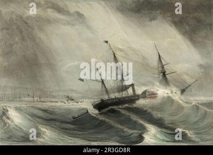 Gli Stati Uniti Steam Frigate Mississippi uscendo al sollievo del cacciatore americano a vapore vicino a Veracruz, Messico, 1847. Foto Stock