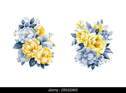 Acquerello giallo e blu set di fiori, vintage vettore Illustrazione Vettoriale