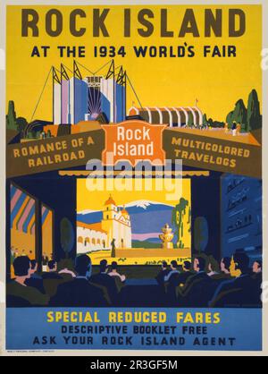 Poster vintage per la fiera mondiale di Chicago del 1933-34, che mostra un pubblico che guarda un travelog. Foto Stock