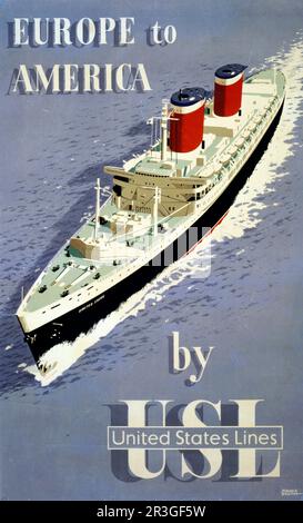 Poster Vintage da viaggio in mare, Europa-America da United States Lines, circa 1955. Foto Stock