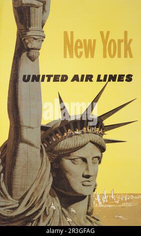 Poster di viaggio vintage per New York, United Air Lines, che mostra le persone che sbirciano la corona della Statua della libertà, intorno al 1960. Foto Stock