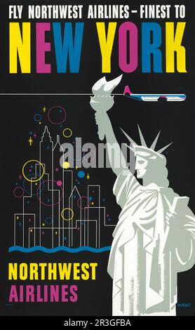 Poster di viaggio vintage per volare Northwest Airlines a New York, con la Statua della libertà. Foto Stock