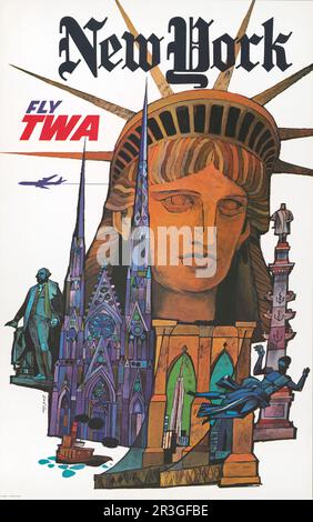 Poster di viaggio vintage, Fly TWA, New York, circa 1970. Foto Stock