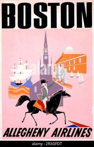 Poster di viaggio vintage per Allegheny Airlines a Boston, con Paul Revere a cavallo, circa 1950. Foto Stock