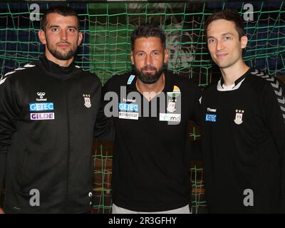 Allenatore capo Bennet Wiegert nuove firme Lucas Meister e Nikola Portner SC Magdeburg stagione 2022-23 Foto Stock