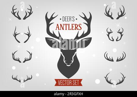 Vettore Natale corna di renne, Antlers, testa. Silhouette di Corno di cervo. Set Antler per cervi disegnati a mano, collezione. Modelli di disegno per fauna selvatica, cacciatori Illustrazione Vettoriale