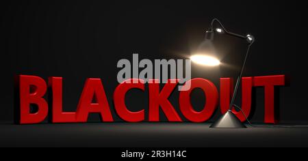Lampadina di illuminazione di fronte al testo blackout - 3D Illustrazione Foto Stock