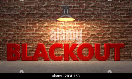 Lampadina di illuminazione di fronte al testo blackout - 3D Illustrazione Foto Stock
