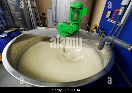 PRODUZIONE - 19 aprile 2023, Baden-Württemberg, Tübingen: Le saponette vengono mescolate in una vasca verde. Pustefix di Tübingen, noto per le sue bolle di sapone in una lattina di plastica blu con un orsacchiotto giallo, celebra il suo 75th ° anniversario nel 2023. Foto: Julian Rettig/dpa Foto Stock