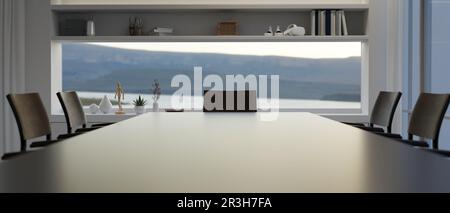 Vista frontale di uno spazio fotocopie su un moderno tavolo da riunione scuro in una moderna e lussuosa sala riunioni. rappresentazione 3d, illustrazione 3d Foto Stock