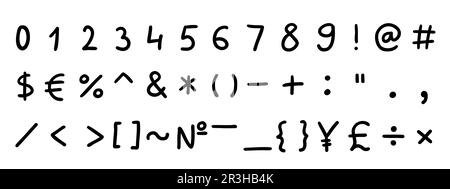 Scribble nero speciale matematico e altri simboli e segni font 0 a 9. Illustrazione vettoriale in stile doodle disegnato a mano isolato su sfondo bianco Illustrazione Vettoriale