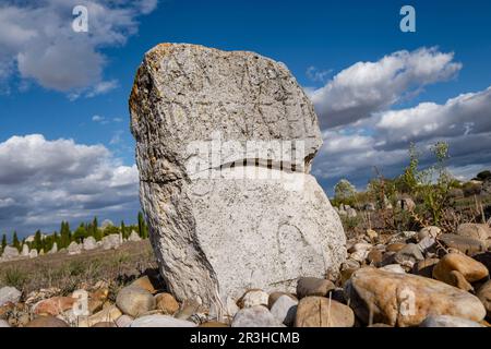 Stele funeraria di Vacceos, necropoli di Las Ruedas, antica città di Pintia, Padilla de Duero, provincia di Valladolid, Spagna. Foto Stock