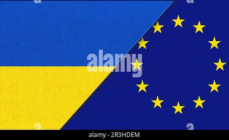 Bandiera dell'Unione europea. Bandiera UE. Stelle gialle su sfondo blu della bandiera europea. Bandiera dell'Ucraina e. Foto Stock