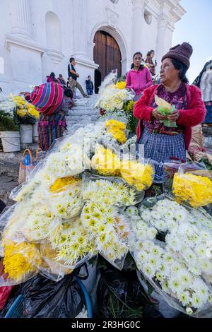 mercado de flores frente a la Iglesia de Santo Tomás, Chichicastenango, Quiché, Guatemala, America Centrale. Foto Stock