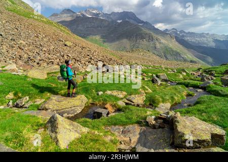 Escursionista frente al pico Posets, 3371 mts, Valle de Añes Cruces, Parque natural Posets-Maladeta, Huesca, cordillera de los Pirineos, Spagna. Foto Stock