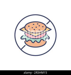 Nessuna icona di linea vettoriale correlata a Fast Food. Cartello di divieto, hamburger, hamburger, cheeseburger. hamburger, hamburger, cheeseburgerIsolato su sfondo bianco. Illustrazione Vettoriale