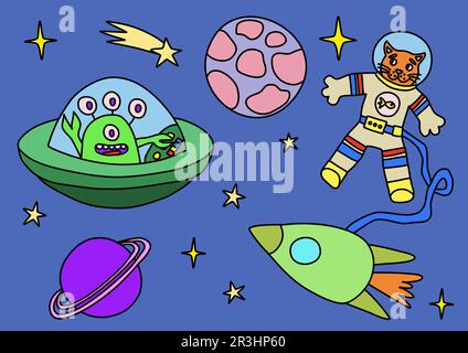 Illustrazione dello spazio per bambini con pianeti, stelle, razzo, astronauta e alieno, illustrazione per bambini, illustrazione del vettore di stile doodle Illustrazione Vettoriale