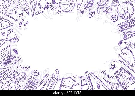 Background scolastico. Oggetti scolastici e cartoleria disegno a mano vettore illustrazione Illustrazione Vettoriale