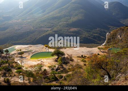 Hierve el Agua (l'acqua bolle), acqua ricca di minerali sgorga dalle  montagne e si versa sopra il bordo, Oaxaca, Messico Foto stock - Alamy