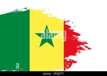 Bandiera senegalese su un pennello a tratti colorato dipinto sfondo bianco isolato con spazio copia Foto Stock
