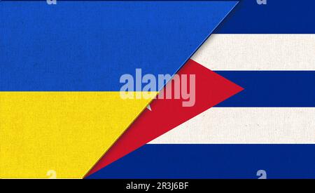 Bandiera di Ucraina e Cuba - 3D illustrazione. Two Flags Together - tessuto Texture. Simboli nazionali Foto Stock