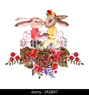 coppia carina di lepri in amore e rose al cioccolato, illustrazione stile acquerello, clipart di san valentino con personaggi cartoni animati buoni per la scheda e la stampa Foto Stock