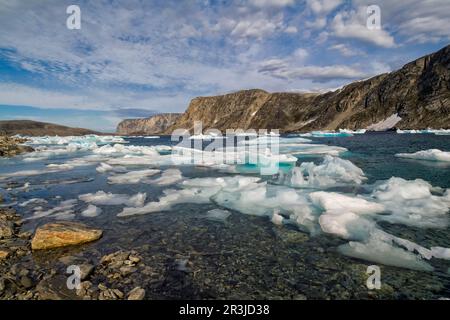 Fiordo glaciale a capo della Misericordia, Cumberland Sound, Isola Baffin, Nunavut, Canada Foto Stock