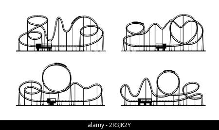 Circuito delle montagne russe. Montagne russe silhouette nel parco divertimenti. Divertimento di funfair, festival o attrazione di fiera estate, vacanza di svago in concetto di vettore parco di divertimento Illustrazione Vettoriale