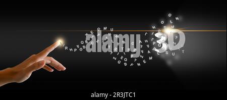 Concetto di text to 3D model, text-to-3D by generative artificial intelligence. Tecnologia del modello linguistico. La mano di un uomo che usa la tecnologia ai per girare Foto Stock
