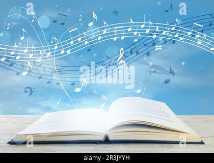 Musica che scorre dal libro. Simboli musicali che volano sopra tome su un tavolo di legno bianco contro il cielo Foto Stock