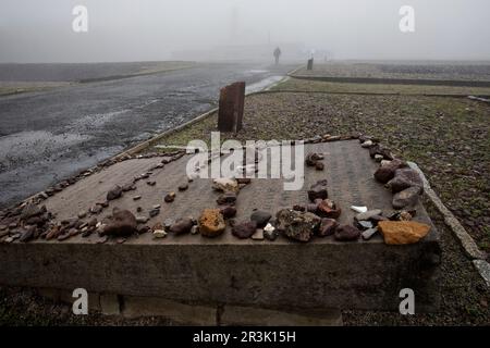 Targa commemorativa con crematorio nel campo di concentramento di Buchenwald, Weimar, Turingia, Germania Europa Foto Stock