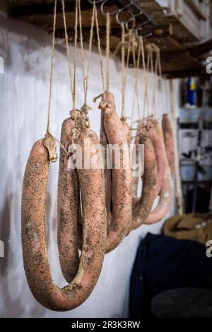 Essiccazione delle salsicce, macellazione tradizionale del maialino nero di Maiorca, Isole Baleari, Spagna. Foto Stock