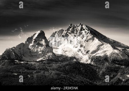 Paesaggio bianco e nero della montagna Watzmann in inverno con la neve Foto Stock