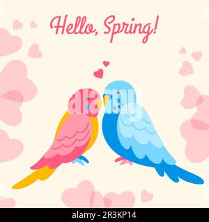 Cartolina del cartone animato tropicale del pappagallo. Primavera esotico poster, banner, sfondo modello con giungla hawaiana carino uccello. Pappagalli disegnati a mano invito flyer, scheda, cartolina mockup, illustrazione pubblicitaria Illustrazione Vettoriale