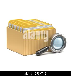 Scatola di cartone con cartelle gialle e vetro di ricerca 3D Foto Stock