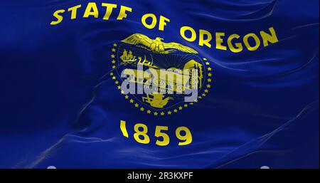 Vista ravvicinata dell'ondulazione della bandiera dello stato dell'Oregon Foto Stock