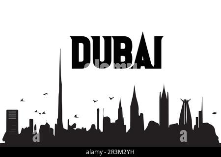 Silhouette nera di una città di Dubai su sfondo bianco. Illustrazione Vettoriale