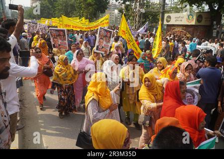 Dhaka, Bangladesh. 23rd maggio, 2023. Gli attivisti del Partito nazionalista del Bangladesh (BNP) stanno partecipando a una marcia di protesta per presentare la loro domanda di 10 punti, compresa la tenuta delle prossime elezioni generali sotto un governo provvisorio non partisan, a Dhaka, Bangladesh, il 23 maggio 2023.(Foto di MD Mehedi Hasan/Pacific Press/Sipa USA) Credit: Sipa USA/Alamy Live News Foto Stock