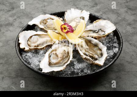 Ostriche su ghiaccio, sparate dall'alto, con limone e lime Foto Stock