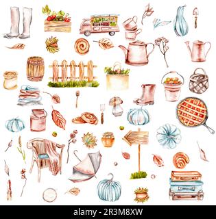 Acquerello Set di fiori autunnali, foglie, zucche, stivali e bacche. Foglie ed elementi autunnali disegnati a mano. Illustrazione disegnata a mano dell'autunno. Foto Stock