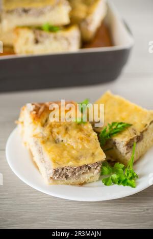 Torta di carne cotta, pezzi in un piatto su un tavolo di legno. Foto Stock