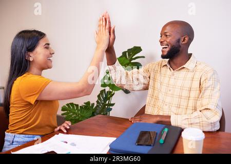 Due diversi colleghi in alto cinque al tavolo della sala riunioni, attività di codifica creativa Foto Stock