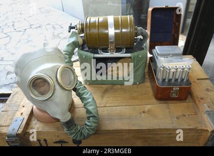 Realizzata in Ucraina maschera a gas disassemblata, cassa in legno Foto Stock