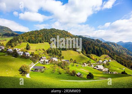 Piccolo villaggio nelle Alpi Giulie Foto Stock