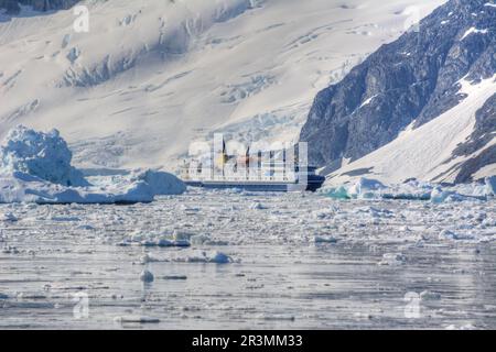 Nave pioniera polare con spedizioni aurora in una crociera antartica Foto Stock