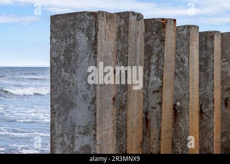 Pilastri in cemento grungo come parte di una struttura abbandonata a frangiflutti montata sulla costa del Mar Baltico. Svetlogorsk, Kaliningrad Oblast, Russia Foto Stock